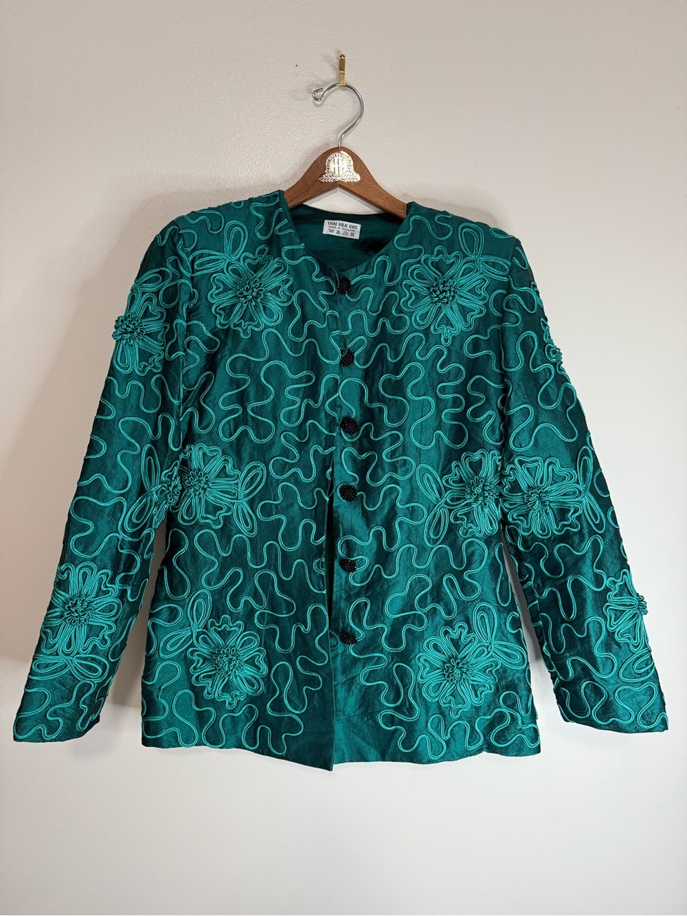 Thai Silk Embroidered Teal/green Floral Jacket in size 16